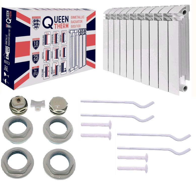 Радіатор біметалевий секційний QUEEN THERM 500/100 (10 секцій) з комплектом підключення 3/4" та кріпленням